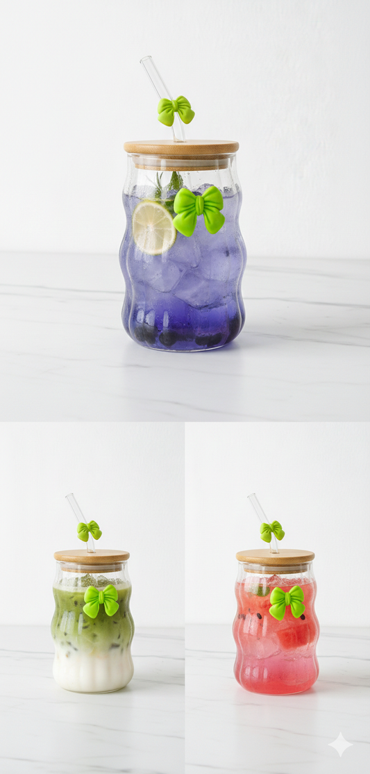 Aesthetic Wave Glass Cup with Bamboo Lid & Bow Detail 🎀