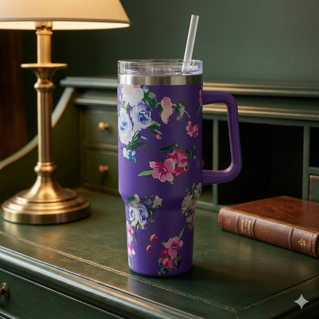 Floral Aesthetic 40oz Insulated Tumbler with Handle & Straw