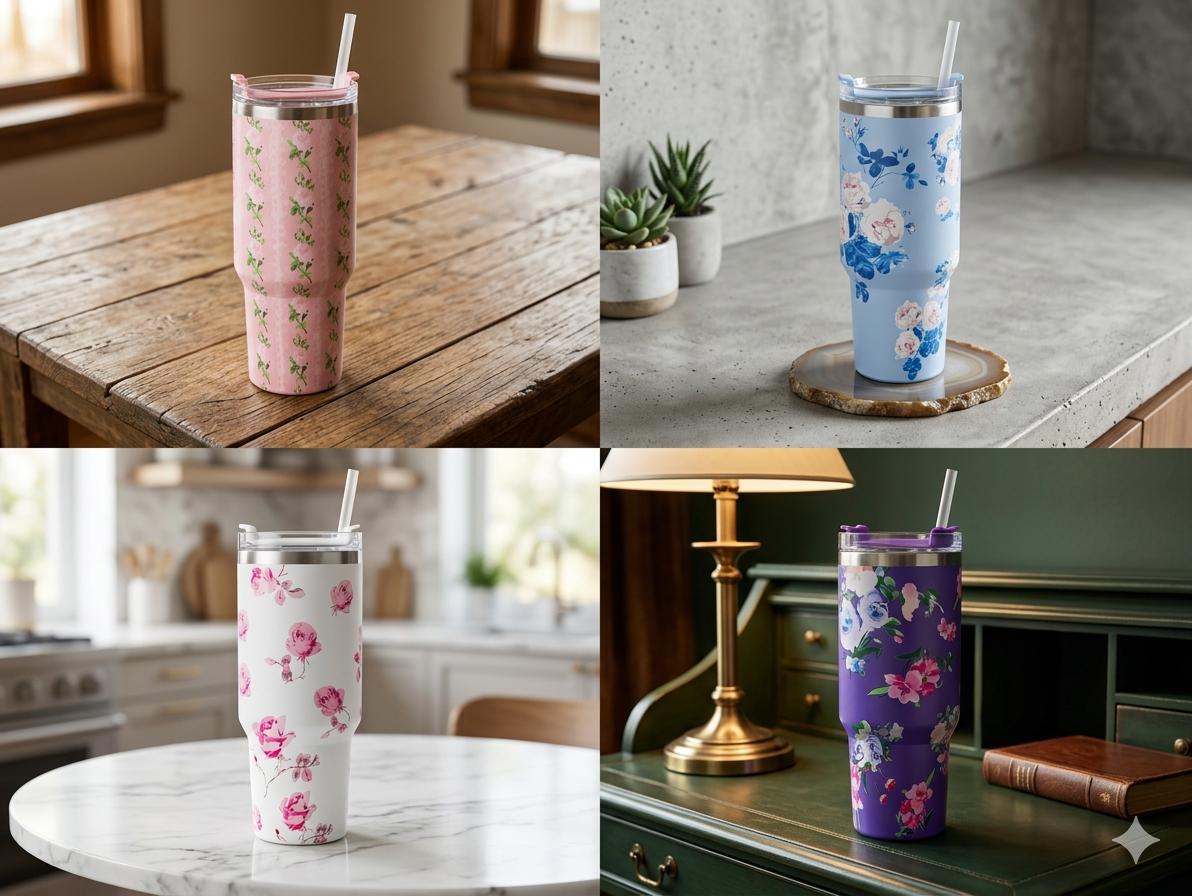 Floral Aesthetic 40oz Insulated Tumbler with Handle & Straw