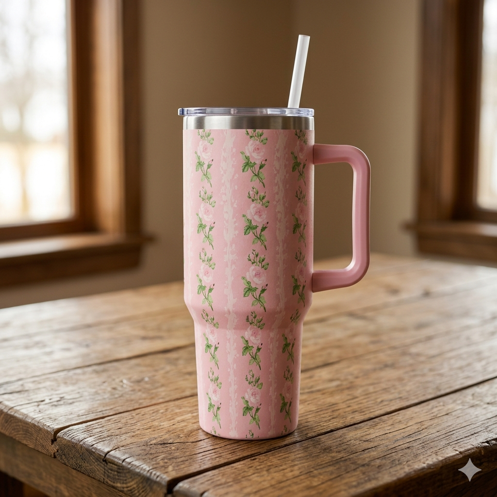 Floral Aesthetic 40oz Insulated Tumbler with Handle & Straw