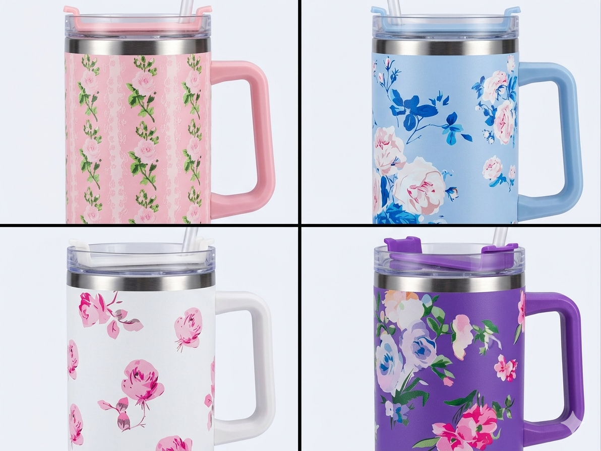Floral Aesthetic 40oz Insulated Tumbler with Handle & Straw