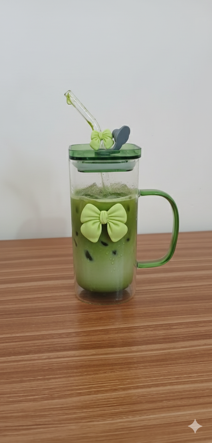 Premium Double-Walled Glass Mug with Green Ribbon Bow & Leak-proof Lid | 450ml
