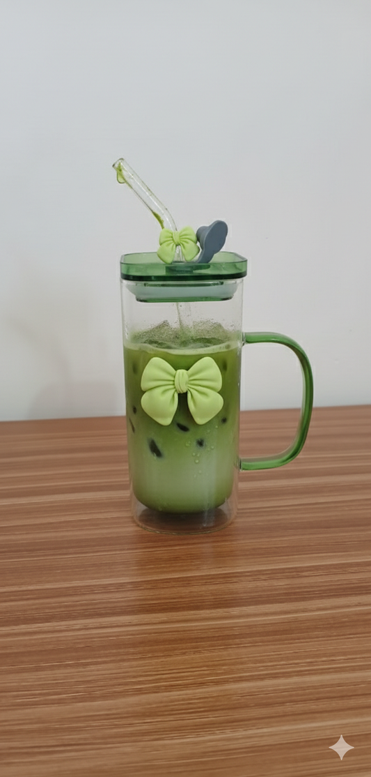 Premium Double-Walled Glass Mug with Green Ribbon Bow & Leak-proof Lid | 450ml