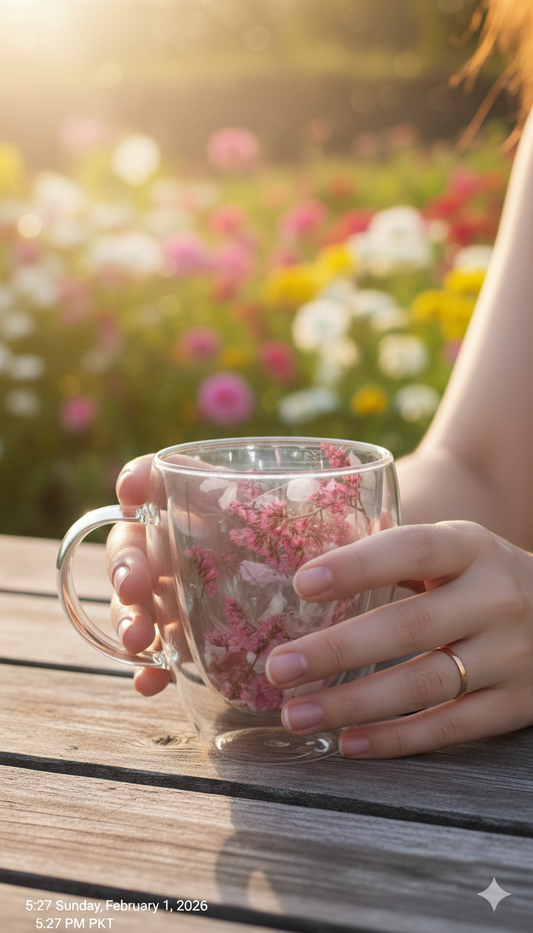Premium Double-Walled Glass Mug – Elegant Floral Edition