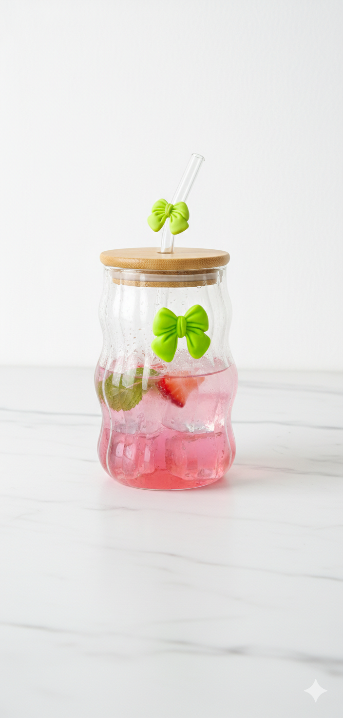 Aesthetic Wave Glass Cup with Bamboo Lid & Bow Detail 🎀