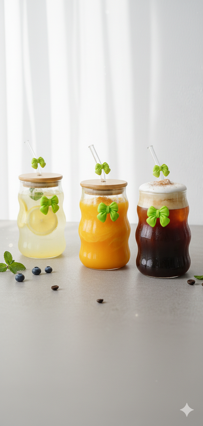 Aesthetic Wave Glass Cup with Bamboo Lid & Bow Detail 🎀