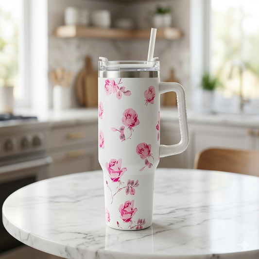 Floral Aesthetic 40oz Insulated Tumbler with Handle & Straw
