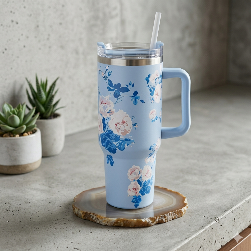 Floral Aesthetic 40oz Insulated Tumbler with Handle & Straw