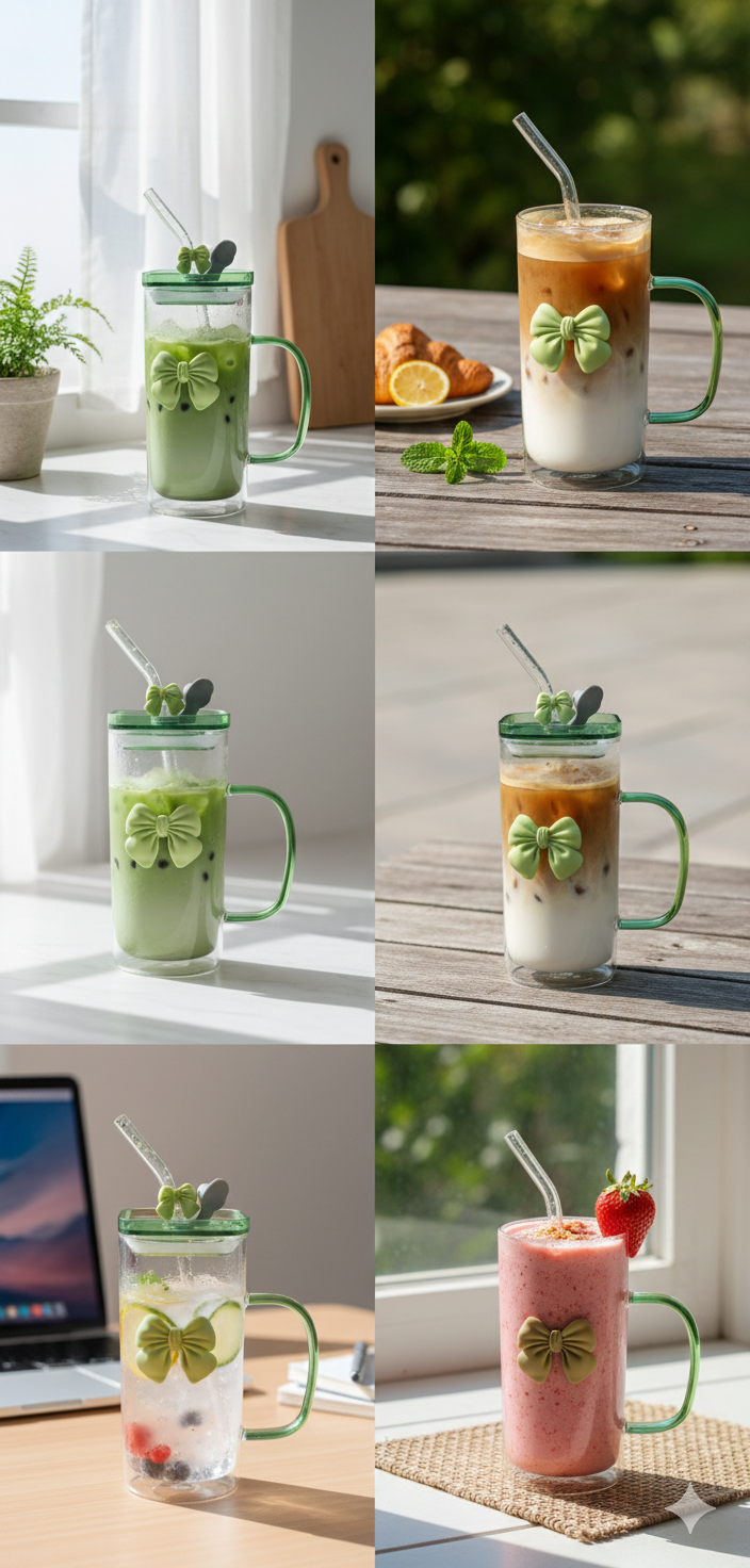 Premium Double-Walled Glass Mug with Green Ribbon Bow & Leak-proof Lid | 450ml
